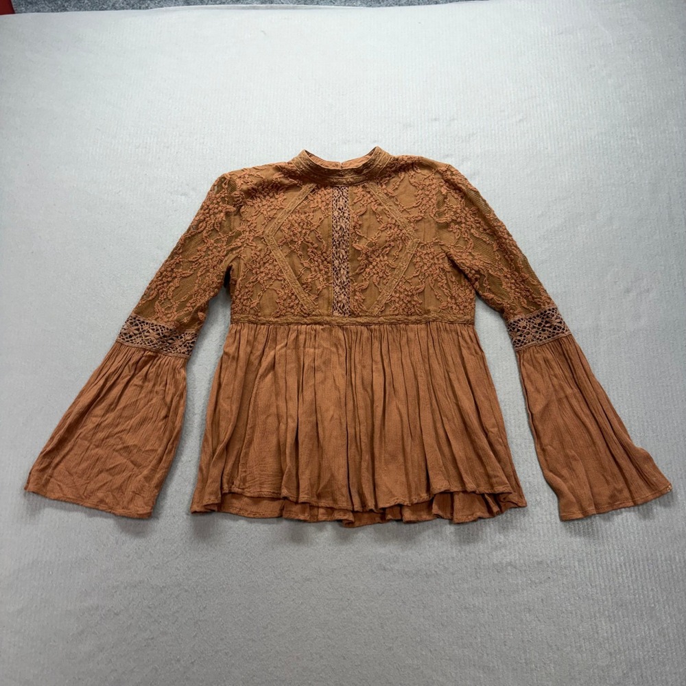 American Eagle Top Womens XS Brown Lace Crochet Bell Sleeve Boho Blouse‎